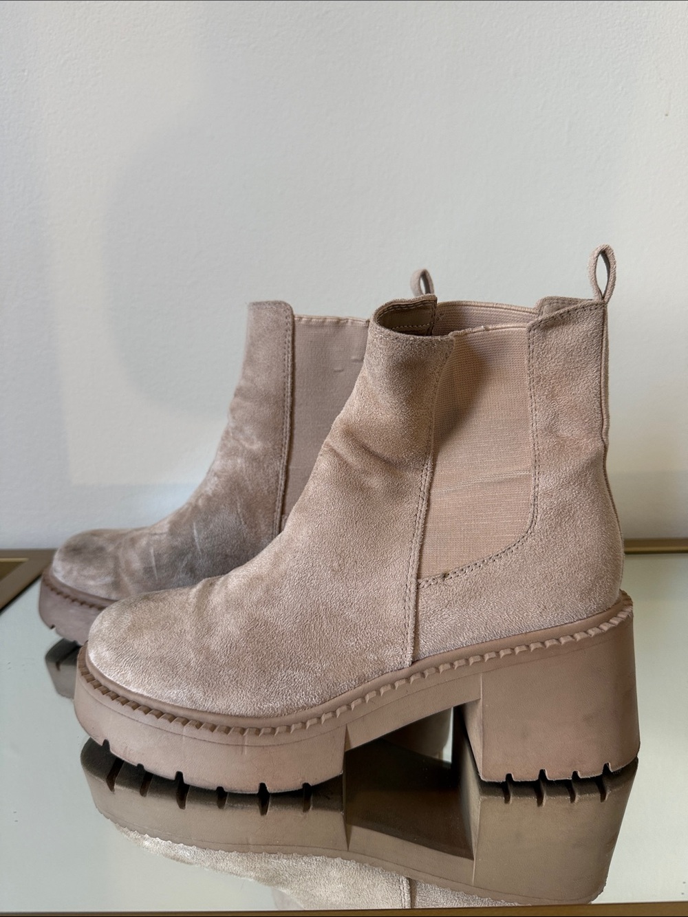 Madden Girl Taupe Suede Chunky Chelsea Heeled Boots